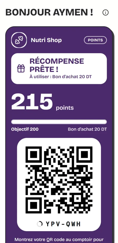 Écran de l'appli : la carte à points de Nutri Shop, récompense prête